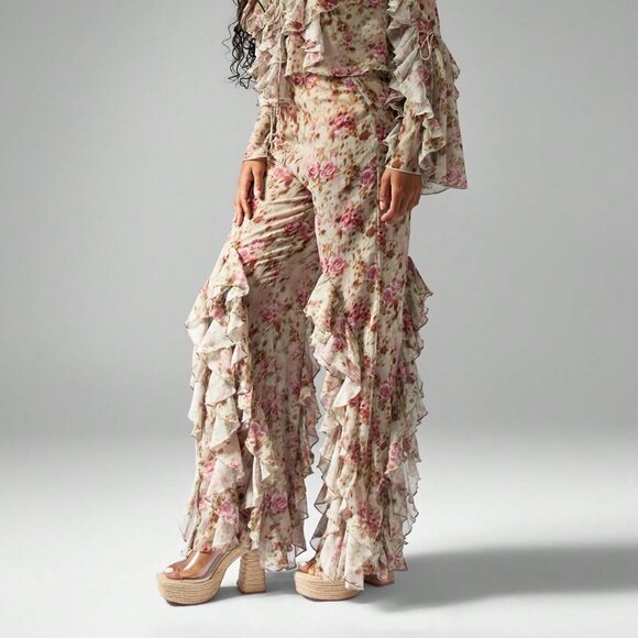 Multicolor Boho Women's Floral Ruffled Bell Bottom Pants - Picture 1 of 2